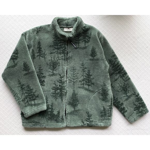 Vintage Black Mountain Outdoor Fleece Jacket Green Evergreen Tree Print Large - Picture 1 of 8